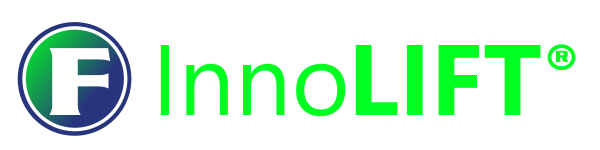 Et logo med en grøn og blå cirkel med et F i midten og en limegrøn tekst, der siger innolift.